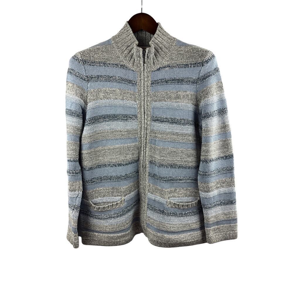 Women’s L.L. Bean Large Gray & Blue Striped Zip-Up Cardigan